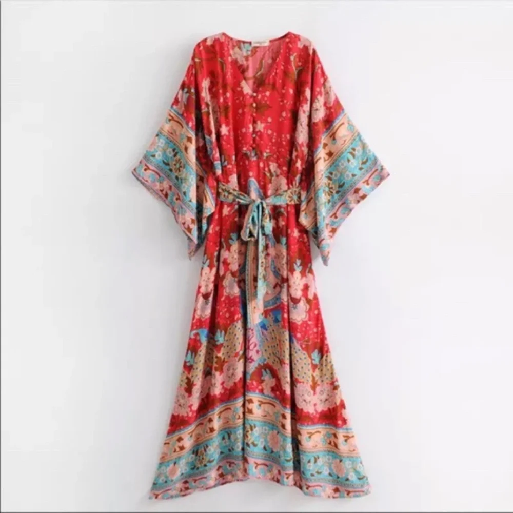 Boho Gypsy Red  Floral Print Midi Kimono Dress Cottagecore - Picture 10 of 10